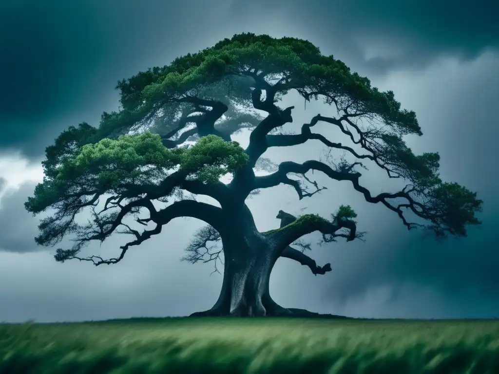 Árbol de roble resistente en medio de tormenta, representa manejo de situaciones difíciles sin renunciar a principios y valores