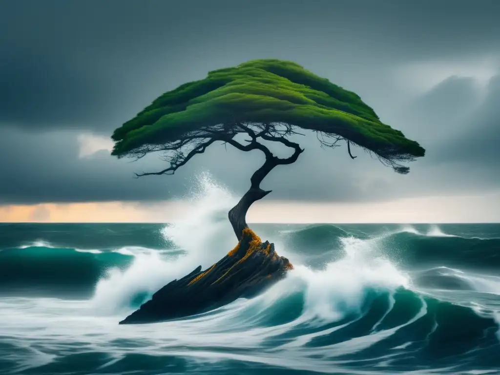 -Imagen minimalista de un árbol firme en un mar tormentoso, simbolizando resiliencia y adaptabilidad