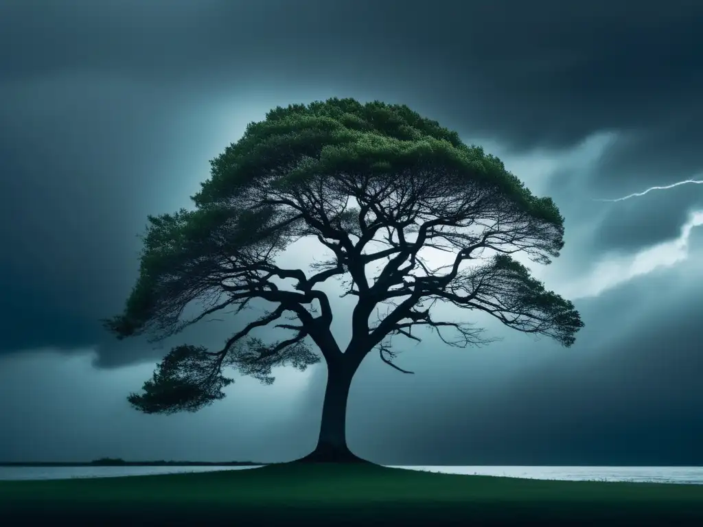 Técnicas y estrategias para desarrollar la resiliencia: Árbol solitario frente a tormenta, símbolo de fuerza y superación