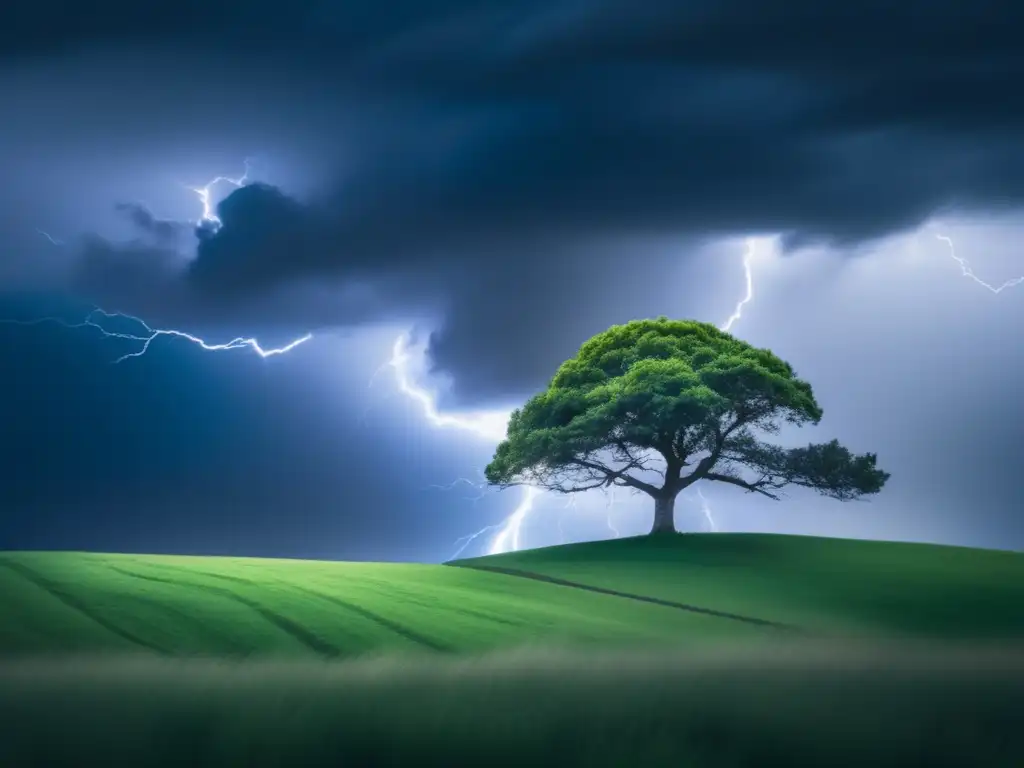 Árbol sereno en medio de tormenta, ejemplifica estrategias para mantener calma en situaciones de alta tensión