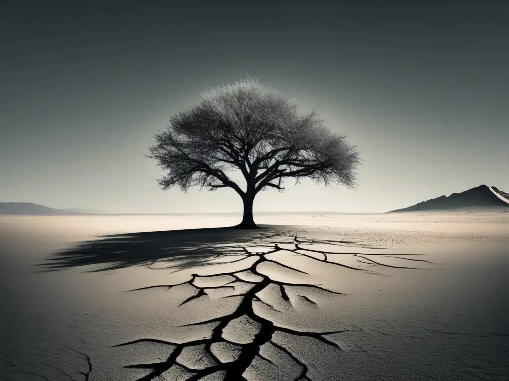 Árbol solitario en paisaje desolado, simbolizando resiliencia y fuerza