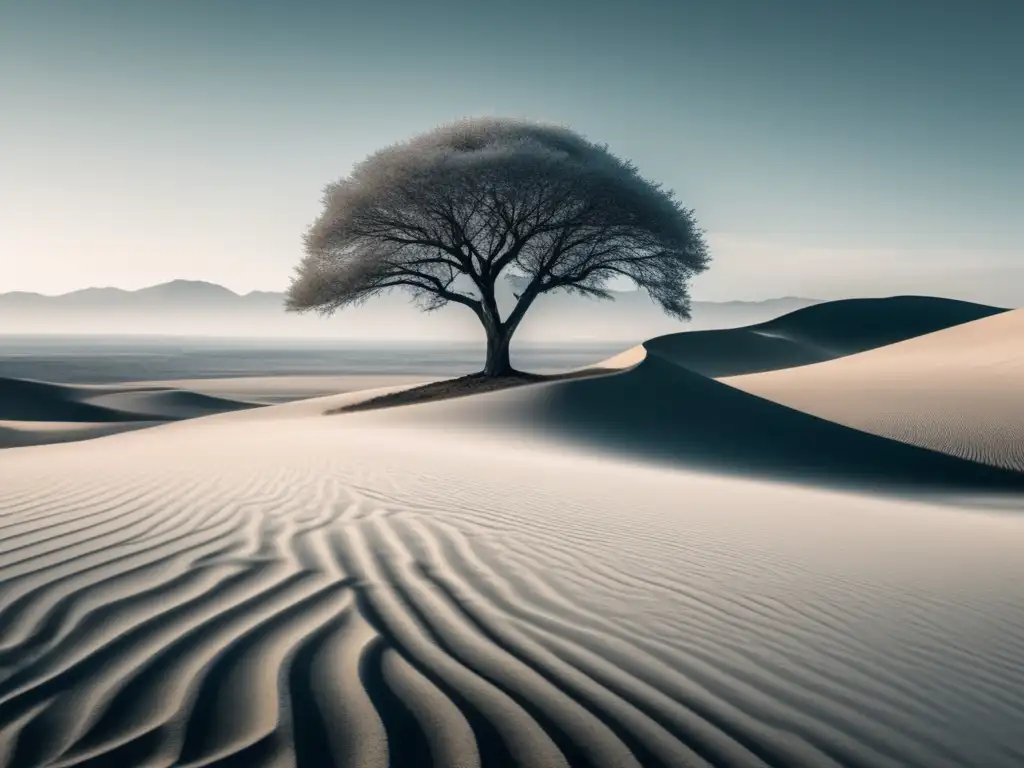 Desarrollo de la resiliencia: árbol solitario en paisaje desolado, símbolo de fuerza y superación