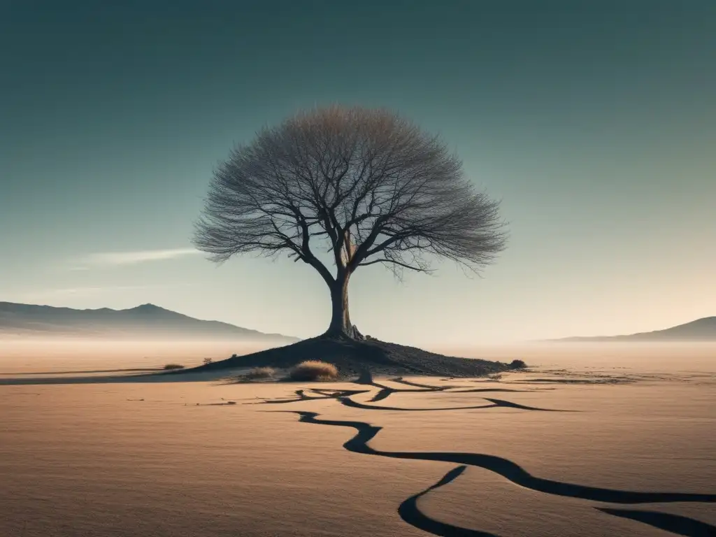 Resiliencia: árbol solitario simboliza superación de desafíos; raíces ocultas, herramientas para desarrollar resiliencia en ámbito laboral y personal