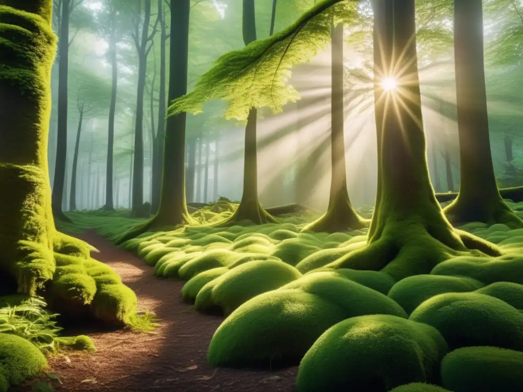 Una imagen 8k de un bosque exuberante con árboles majestuosos y una vegetación vibrante