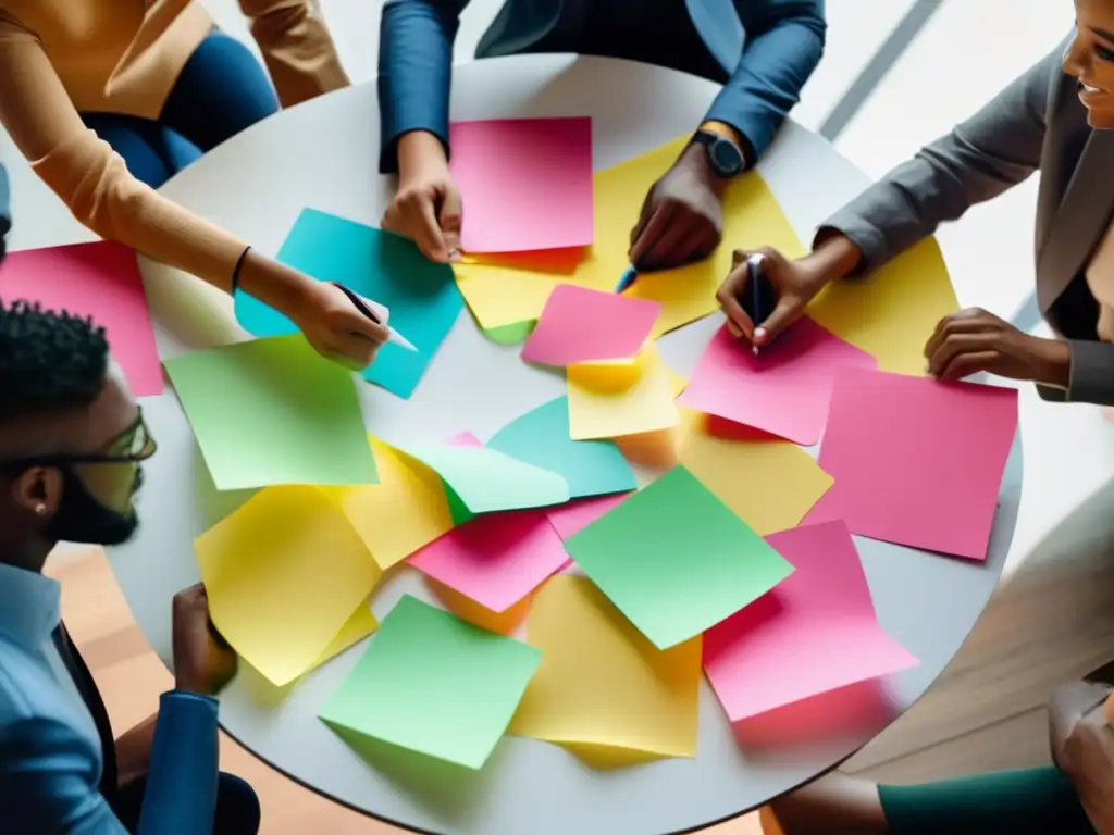 Equipo diverso en una sesión de brainstorming, fomentando la creatividad y colaboración