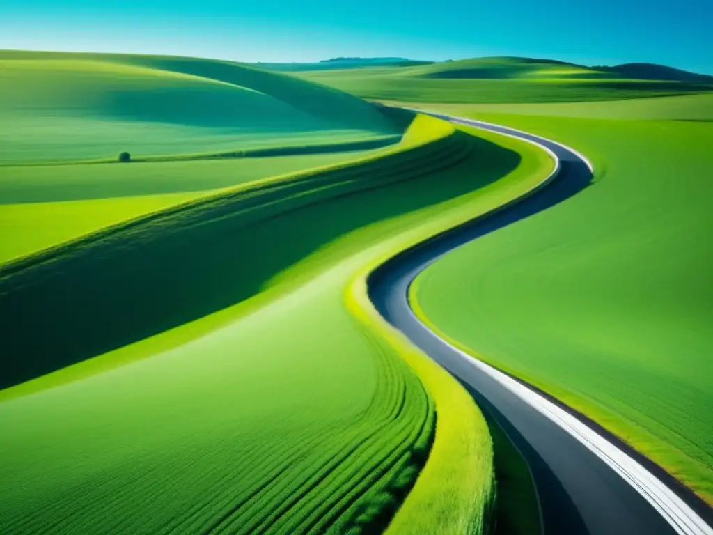 Imagen: Teorías modernas de motivación en el ámbito laboral: camino serpenteante rodeado de campos verdes y cielo azul