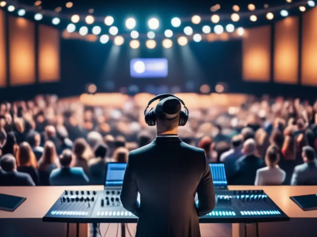 Herramientas de sonido para presentaciones: orador profesional en escenario iluminado, micrófono moderno, audiencia cautivada