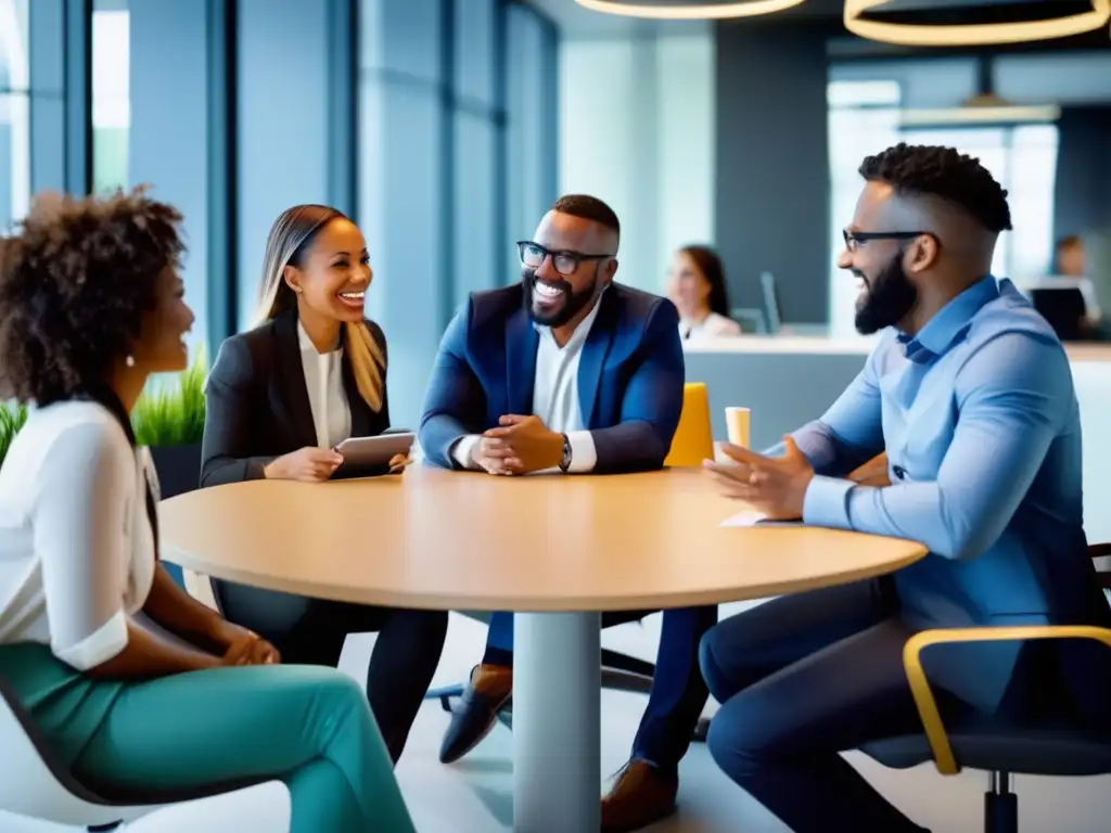 Profesionales diversos en un ambiente de oficina moderno, colaborando y construyendo relaciones laborales sólidas