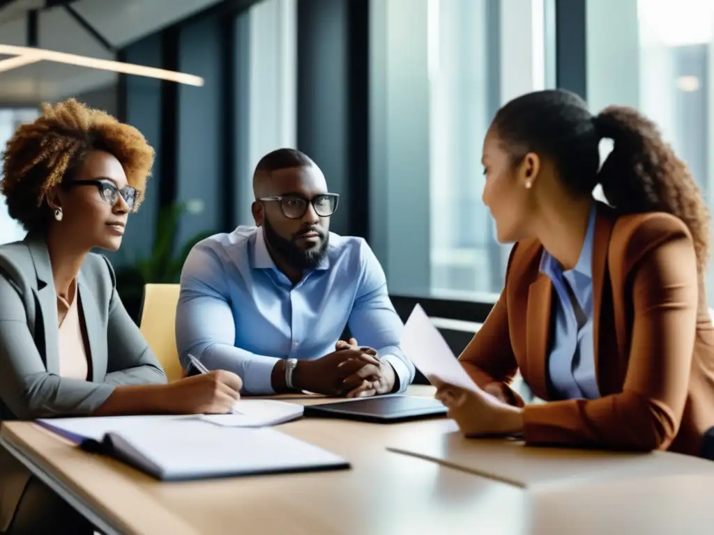 Equipo diverso colaborando en una oficina moderna Profesionales diversos en una oficina moderna, en una reunión de trabajo, fomentando el desarrollo del pensamiento crítico en el ámbito laboral
