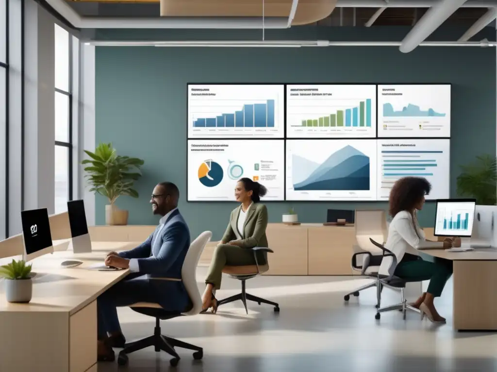 Profesionales de diferentes etnias trabajando juntos en una oficina moderna, promoviendo la productividad en un entorno multicultural