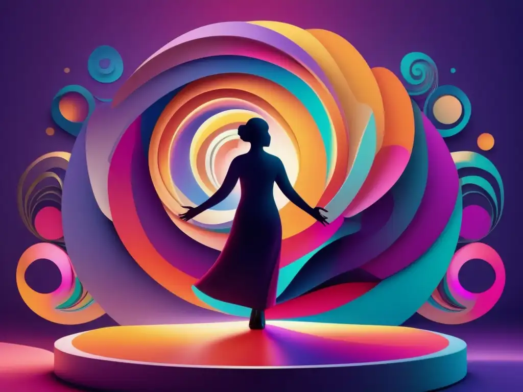 Imagen de escena de storytelling abstracta con colores vibrantes y figura en podium rodeada de emociones y libros