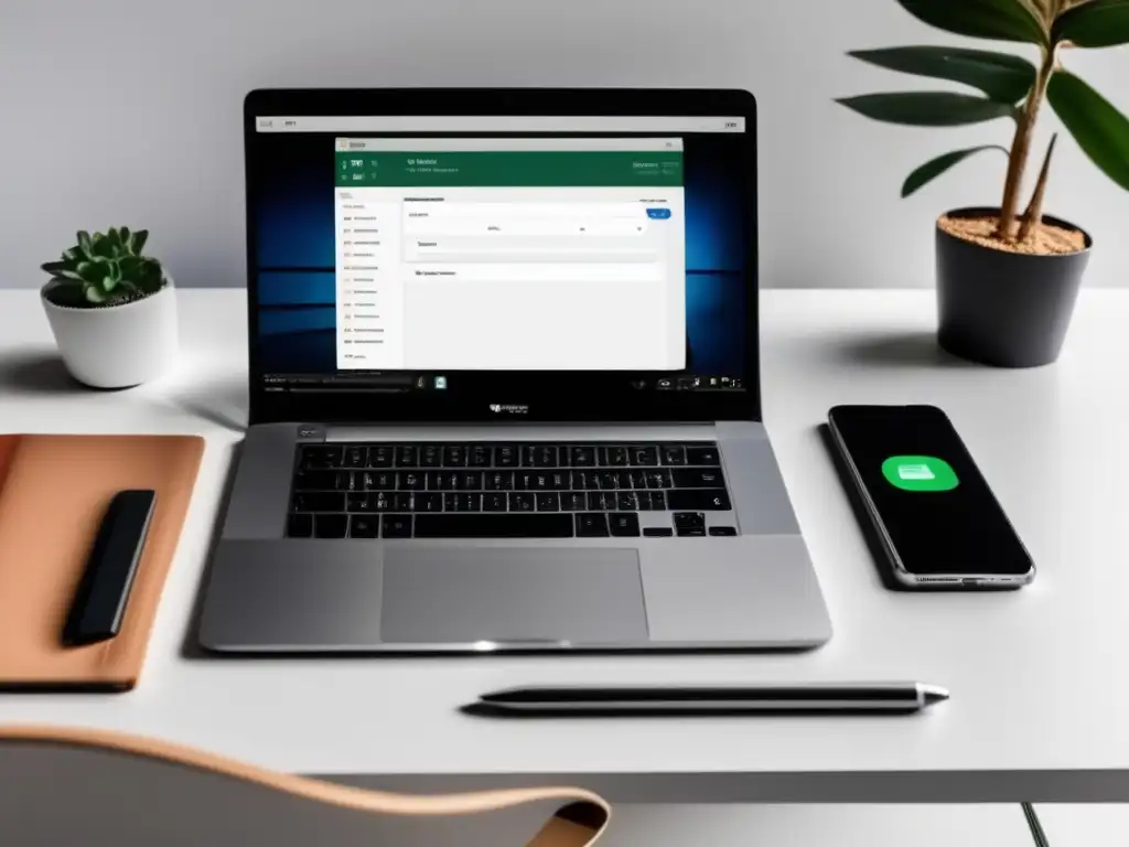Imagen de escritorio minimalista con laptop, smartphone y notepad organizados según técnicas de gestión del tiempo