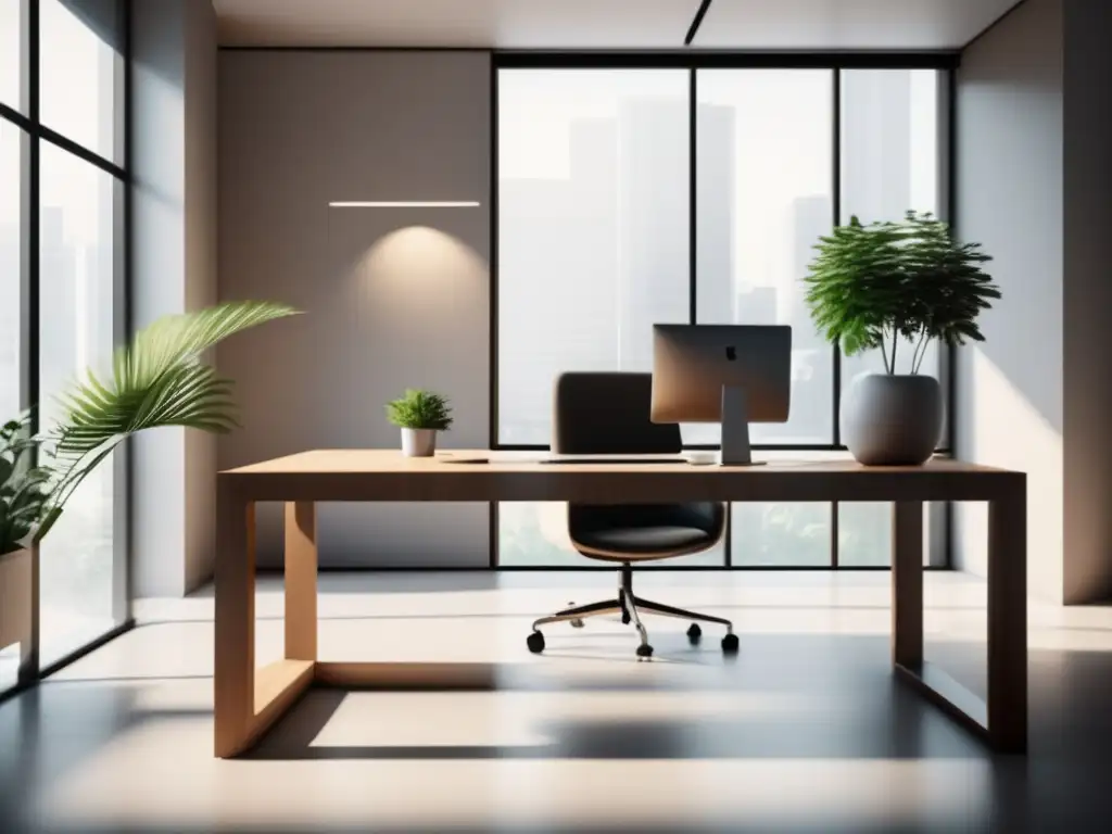 Espacio de oficina minimalista con escritorio de madera pulida, planta y luz natural