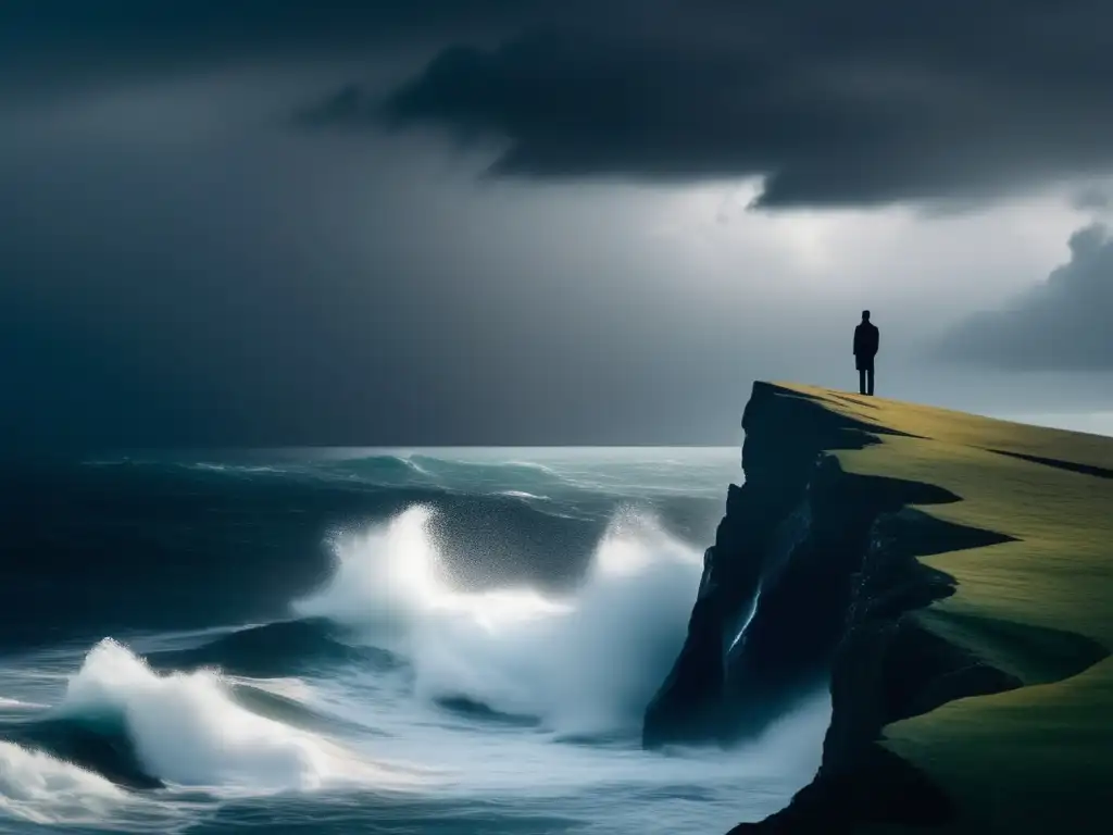 Figura solitaria en acantilado rocoso, mirando mar tormentoso