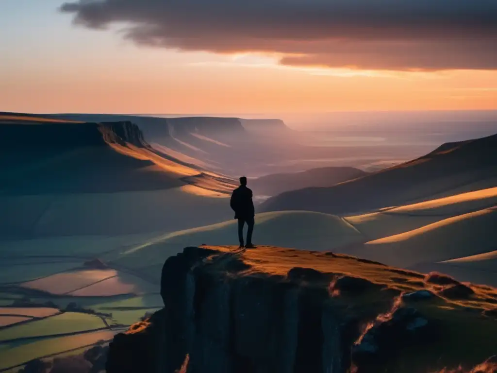 Persona solitaria en acantilado, paisaje majestuoso al atardecer