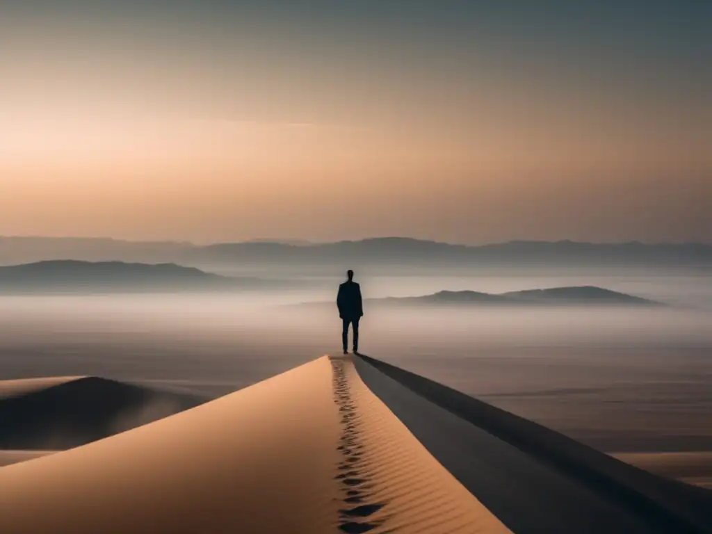 Figura solitaria en desierto con horizonte infinito, rodeada de niebla, simbolizando influencia del contexto en comunicación