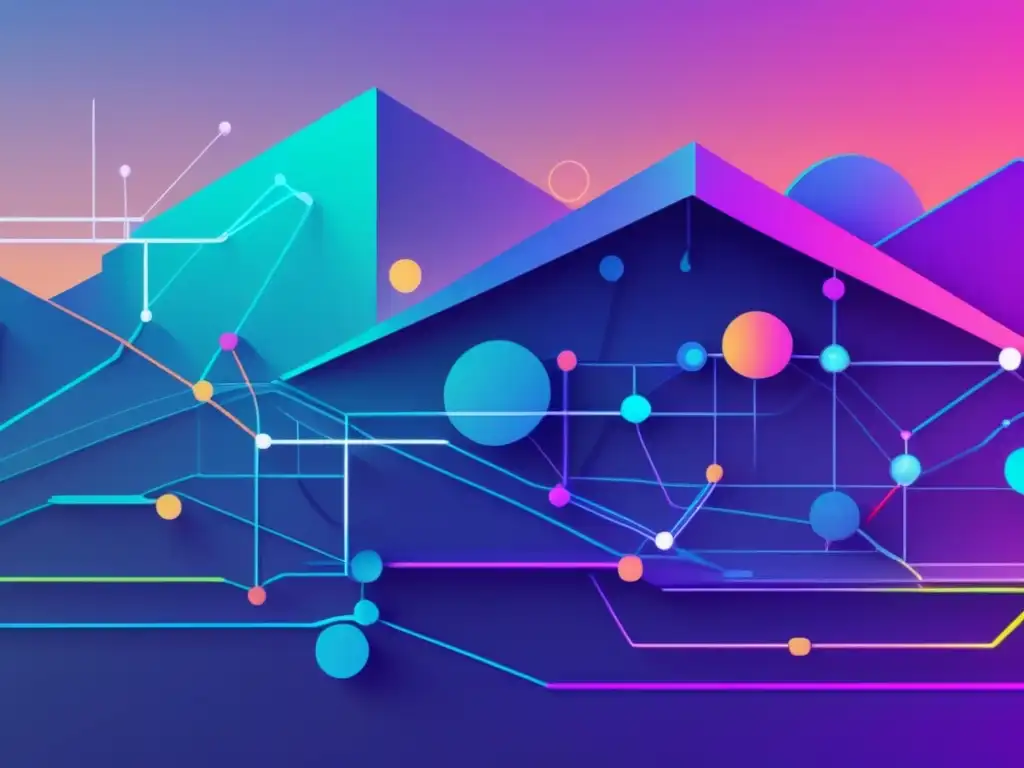 Paisaje tecnológico futurista con líneas y nodos interconectados, representando habilidades blandas para adaptarse a cambios tecnológicos