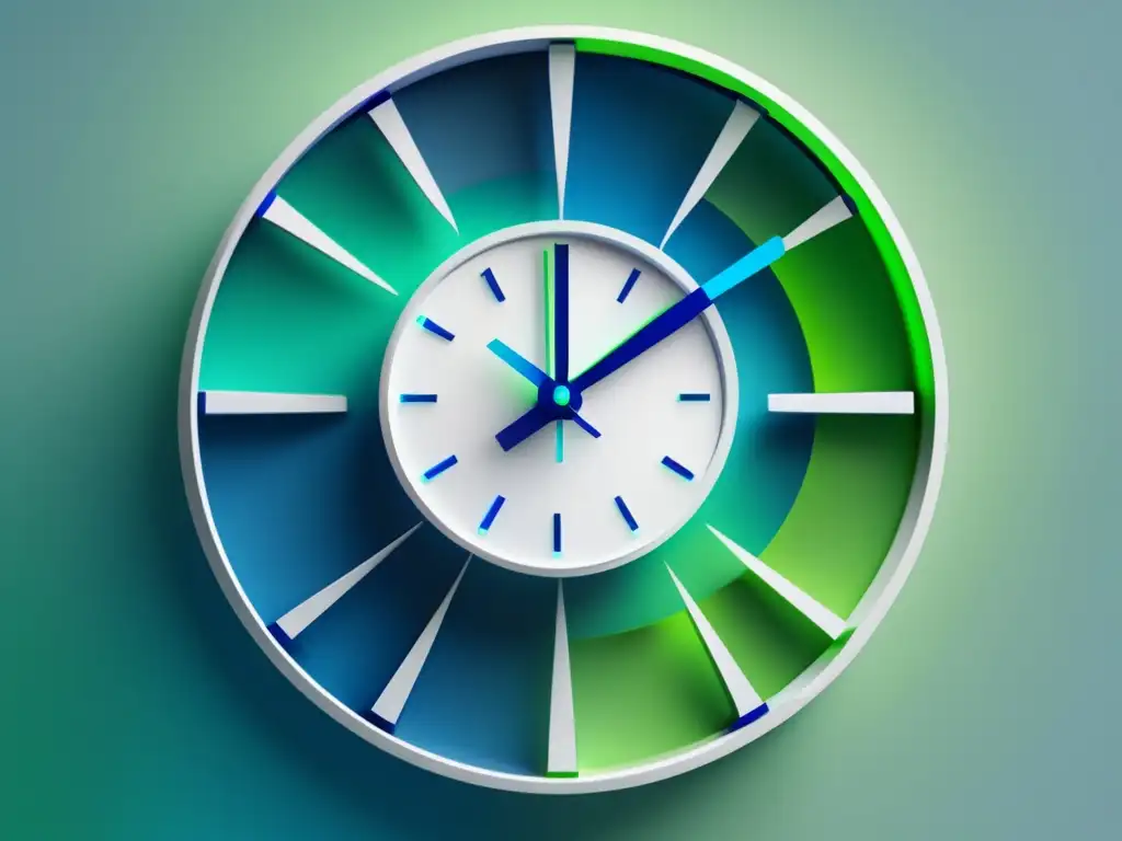 Imagen de gestión del tiempo: reloj futurista en blanco con líneas azules y verdes, contrastando orden y caos