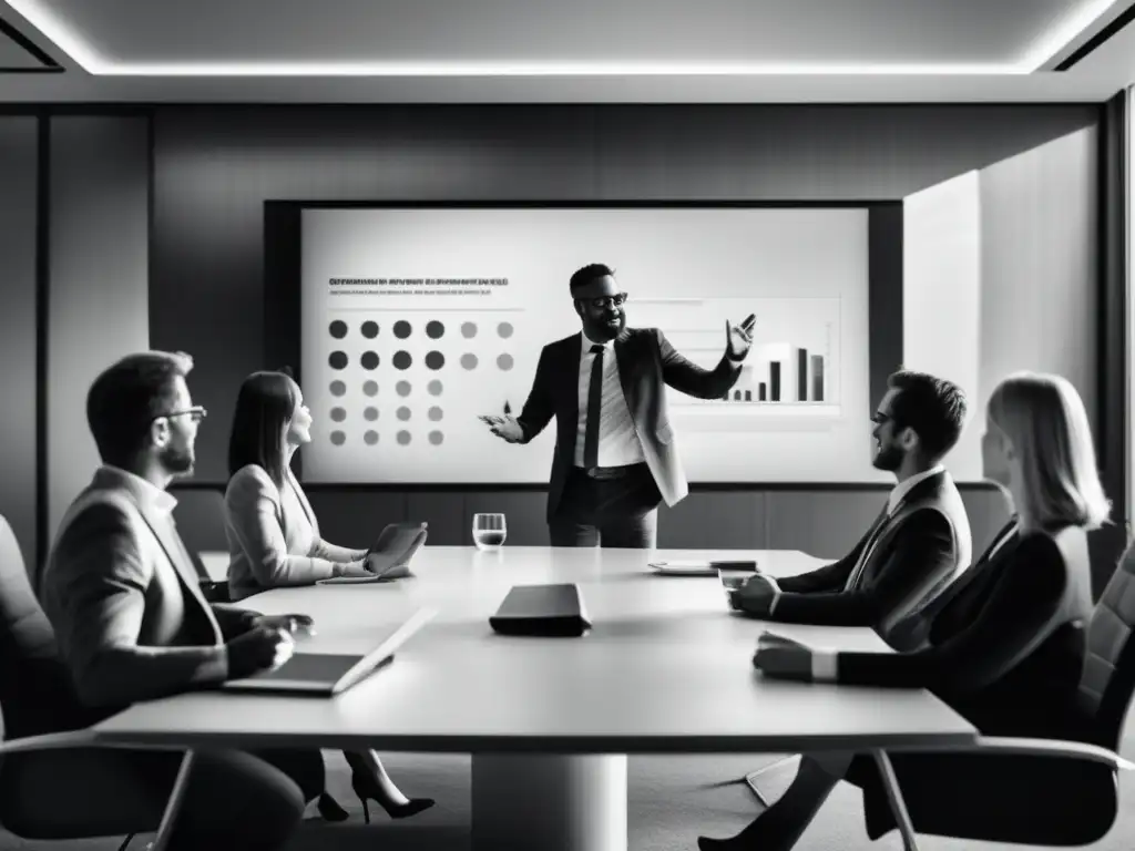 Fotografía en blanco y negro de una sala de conferencias animada, representando habilidades de comunicación en eventos y conferencias