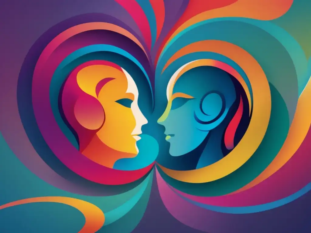 Dos figuras humanas en actitud atenta, rodeadas de colores vibrantes, simbolizando escucha activa e inteligencia emocional