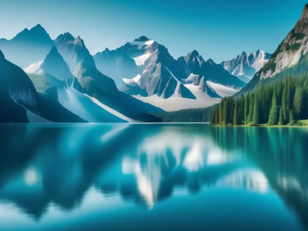 Paisaje montañoso con lago sereno reflejando picos majestuosos