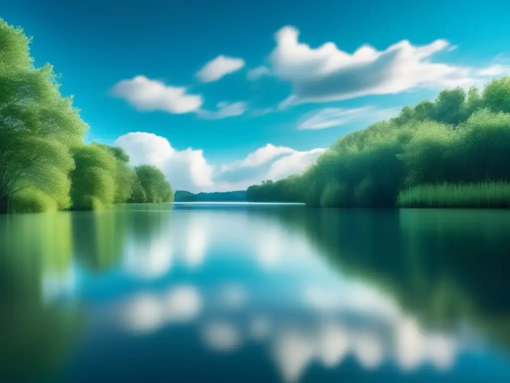 Un paisaje sereno de un lago rodeado de vegetación exuberante, reflejando el cielo azul y nubes blancas