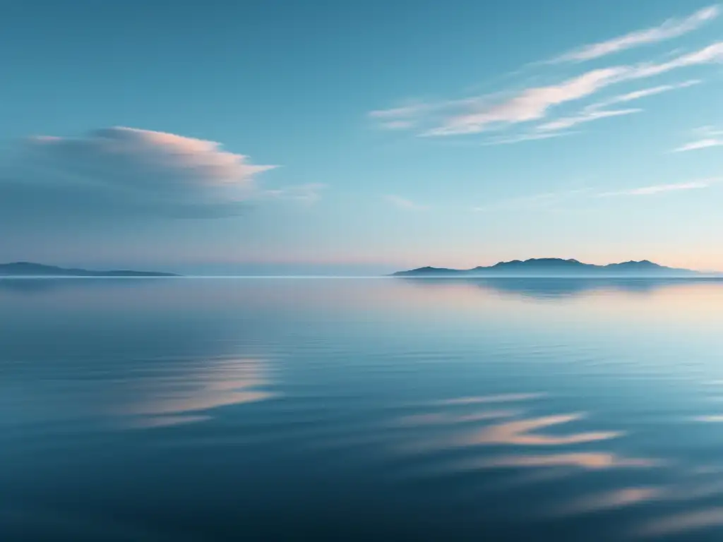 Paisaje sereno y minimalista, agua cristalina y cielo tranquilo con nubes sutiles