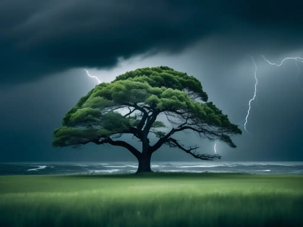 Árbol resiliente y adaptable enfrentando tormenta - desarrollar resiliencia y adaptabilidad