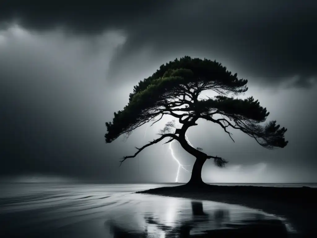 Árbol solitario en tormenta, representa integridad personal en momentos difíciles