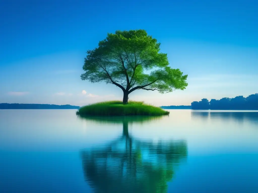 Imagen minimalista de una escena tranquila con un lago sereno rodeado de vegetación y un árbol solitario en una isla