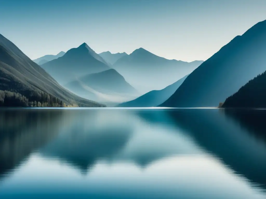 Desarrollo de inteligencia emocional: Lago sereno rodeado de montañas, reflejando tranquilidad y armonía