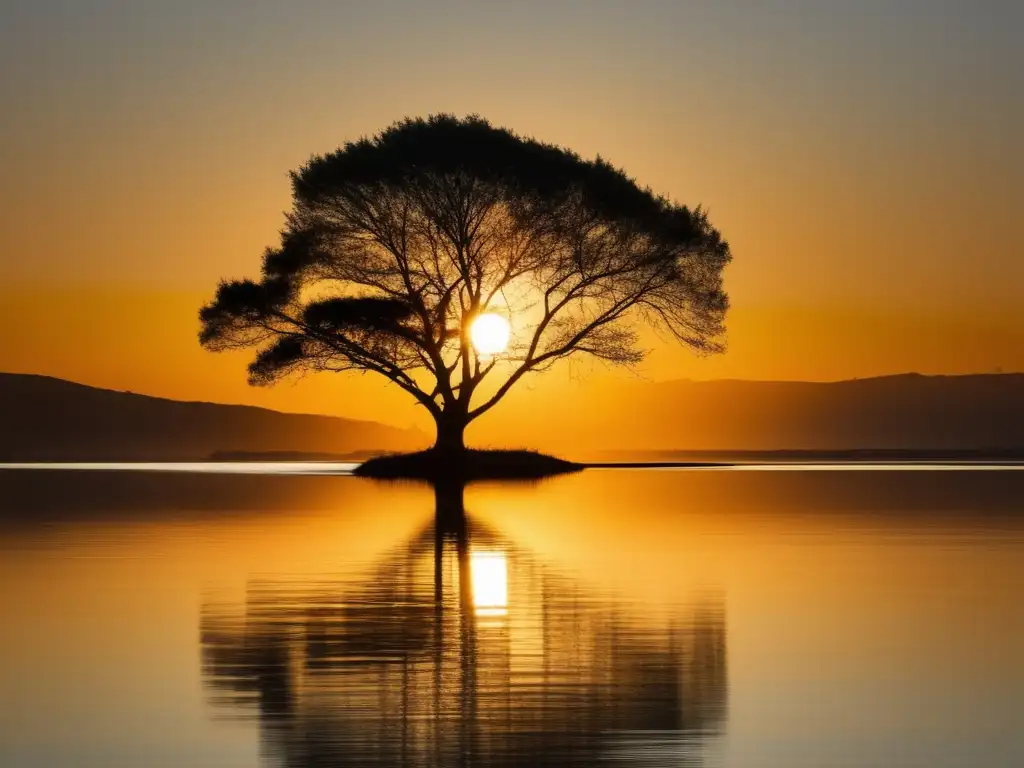 Un paisaje sereno y tranquilo con agua brillante reflejando la puesta de sol