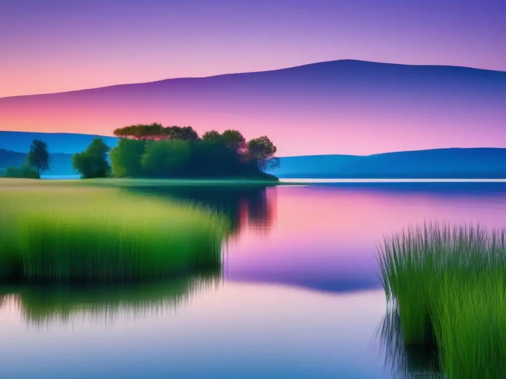 Desarrollar inteligencia emocional: Imagen minimalista de un lago sereno y reflectante al atardecer, con colores vibrantes y paisaje tranquilo