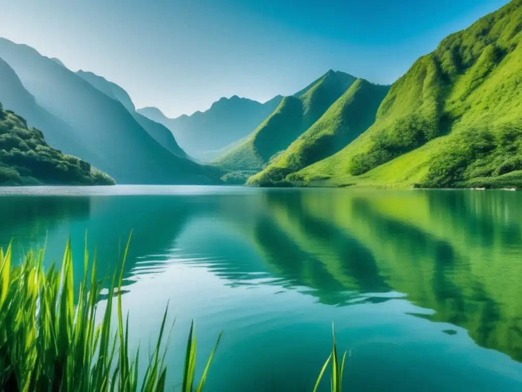 Lago sereno rodeado de montañas verdes con vida acuática y sin presencia humana