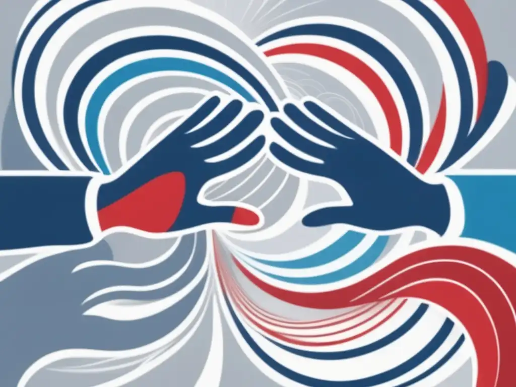 Colaboración en manos: uniendo perspectivas Dos manos, una roja y una azul, unidas en un patrón abstracto