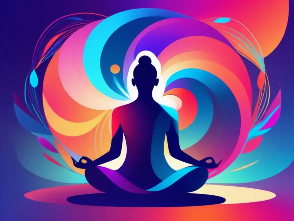 Técnicas para confiar en tu intuición: Persona meditando rodeada de colores vibrantes, representa la conexión interna y la escucha intuitiva