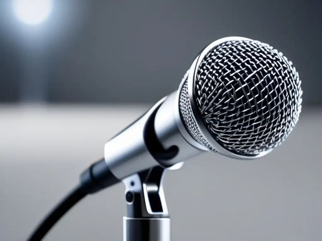 Técnicas de oratoria para presentaciones efectivas: imagen de micrófono plateado elegante y detallado en fondo blanco