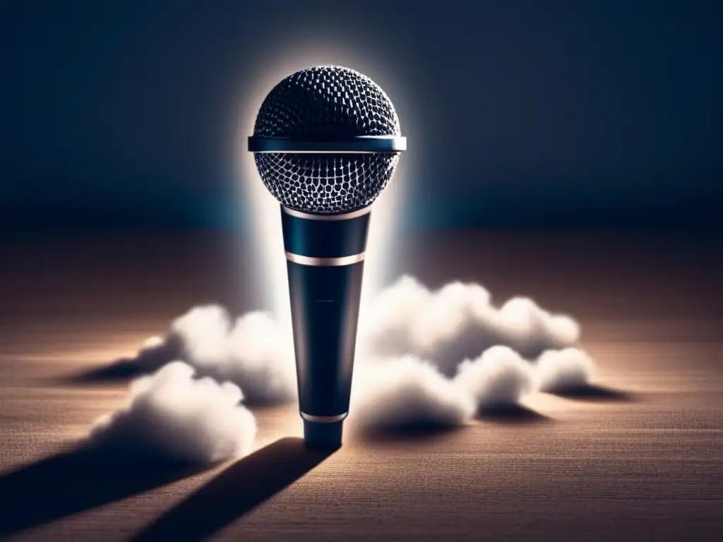 Lonely microphone on dimly lit stage, highlighting monotonous speech patterns