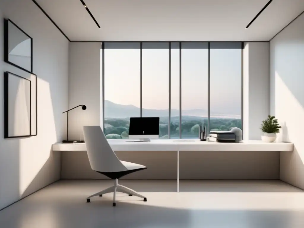 Espacio de oficina minimalista y eficiente Espacio de oficina minimalista que destaca la eficiencia y el pensamiento crítico en el trabajo