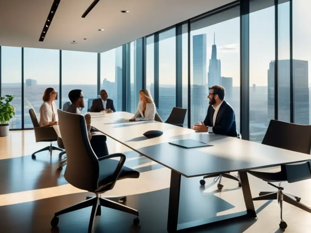 Un espacio de oficina moderno con mucha luz natural y mobiliario minimalista