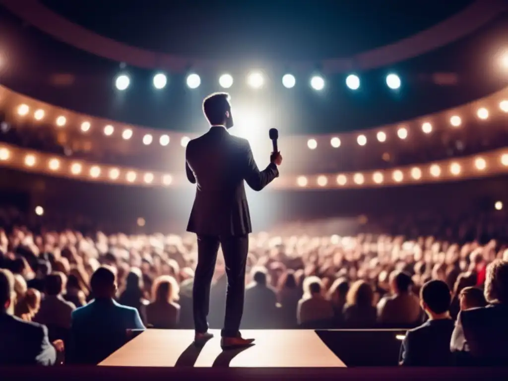 Persona en el escenario con audiencia cautivada - técnicas de oratoria efectivas