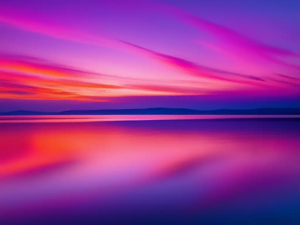 Paisaje sereno al atardecer con cielo colorido y agua calmada, rodeado de vegetación y árboles altos