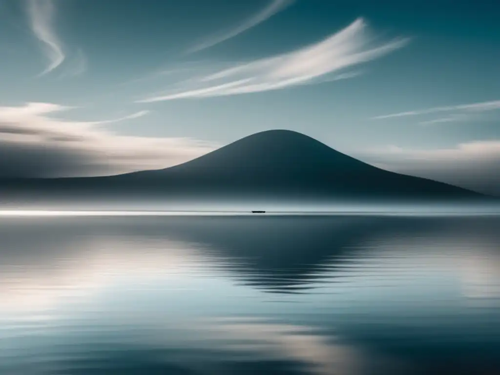 Paisaje sereno y minimalista, reflejo de aguas tranquilas y cielo nublado