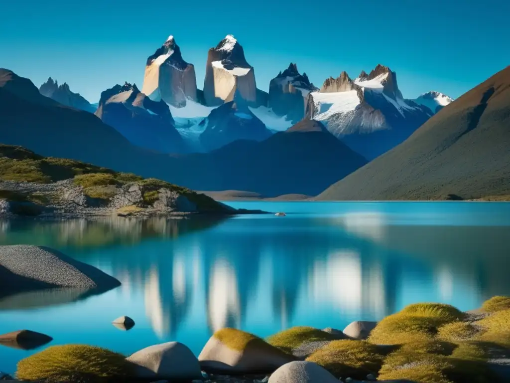 Paisaje sereno de Patagonia con montañas nevadas y lago cristalino