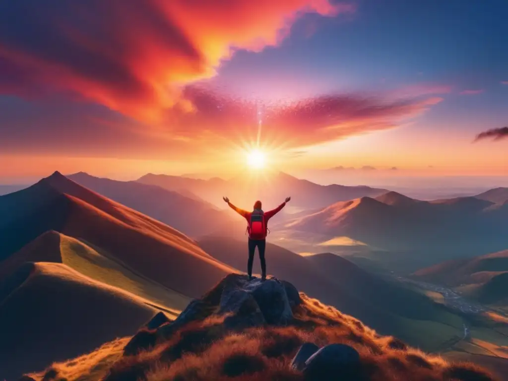 Persona en cima de montaña con aura de luz simbolizando liderazgo de pensamiento y paisaje inspirador