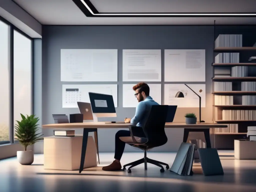 Persona en oficina moderna con tecnología Persona desarrollando y aplicando pensamiento crítico en la era digital