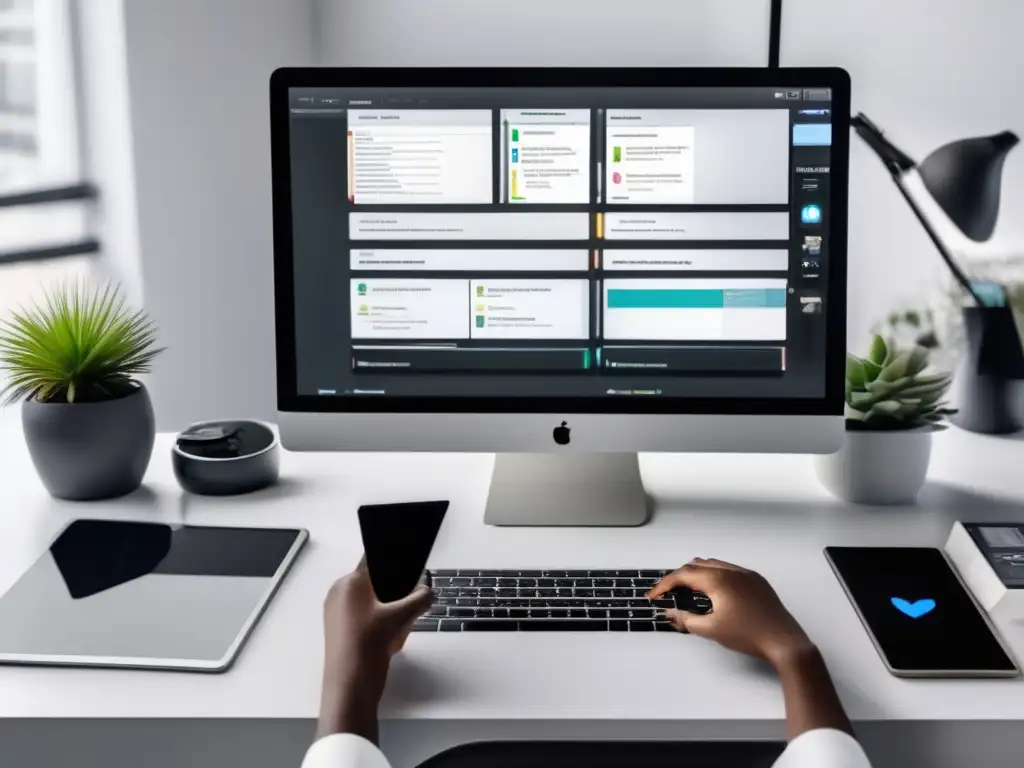 Persona en escritorio ordenado usando herramientas digitales de productividad para habilidades interpersonales