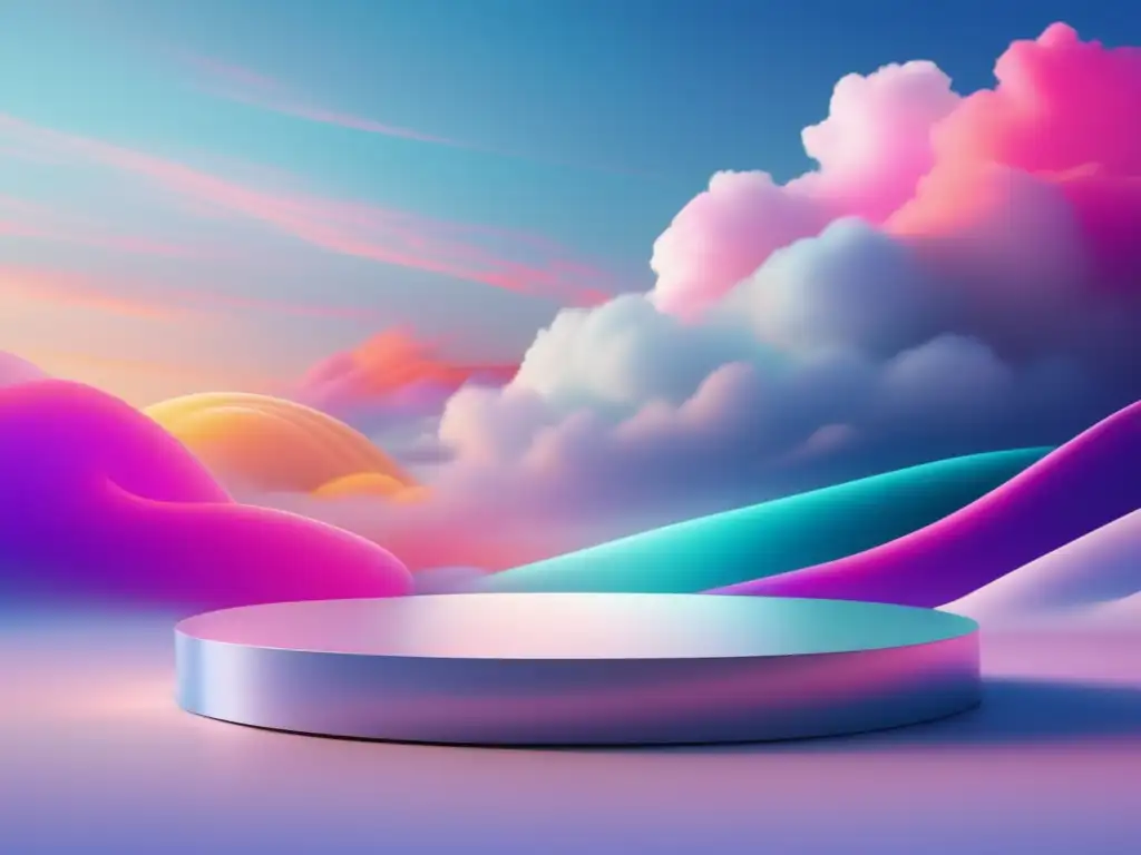 Imagen: Podio minimalista en un paisaje abstracto con nubes pastel y símbolos de comunicación, innovación y atención al detalle