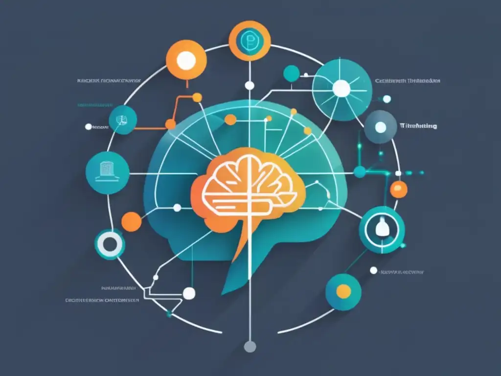 Ilustración minimalista del proceso de pensamiento crítico, con un cerebro luminoso y formas geométricas representando habilidades emprendedoras