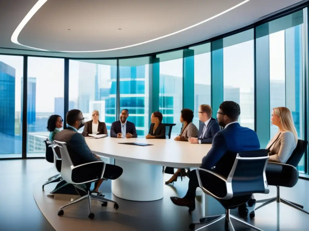 Profesionales colaborativos discutiendo en una sala de reuniones moderna, inspirando métodos de análisis de problemas para mejorar la comunicación